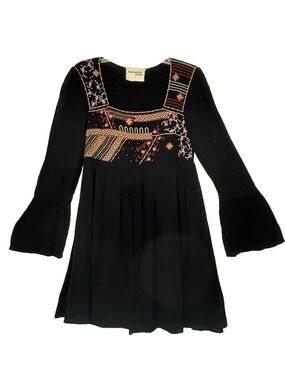 Savanna Jane Black Dress Embroidered print long flared sleeve light weight